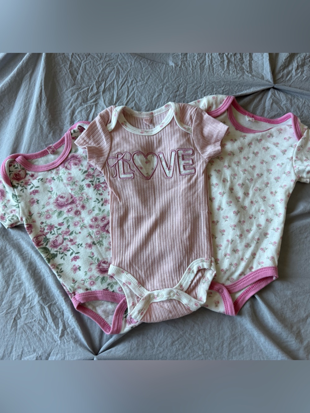 Pink Floral & Ribbed 'Love' Baby One-Piece Bodysuit Set